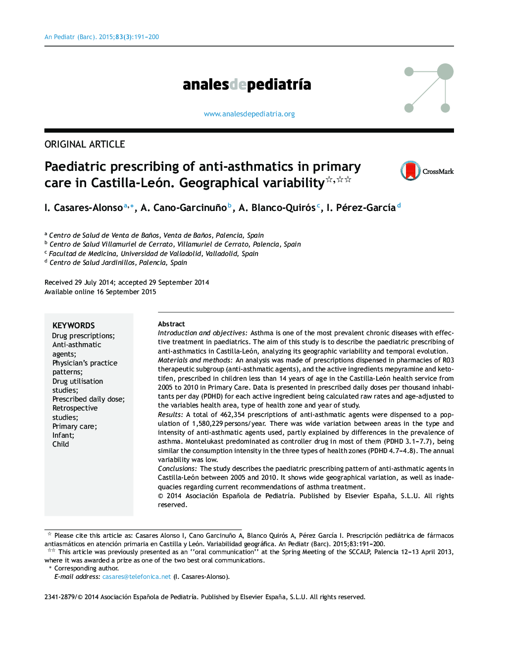 Paediatric prescribing of anti-asthmatics in primary care in Castilla-León. Geographical variability 