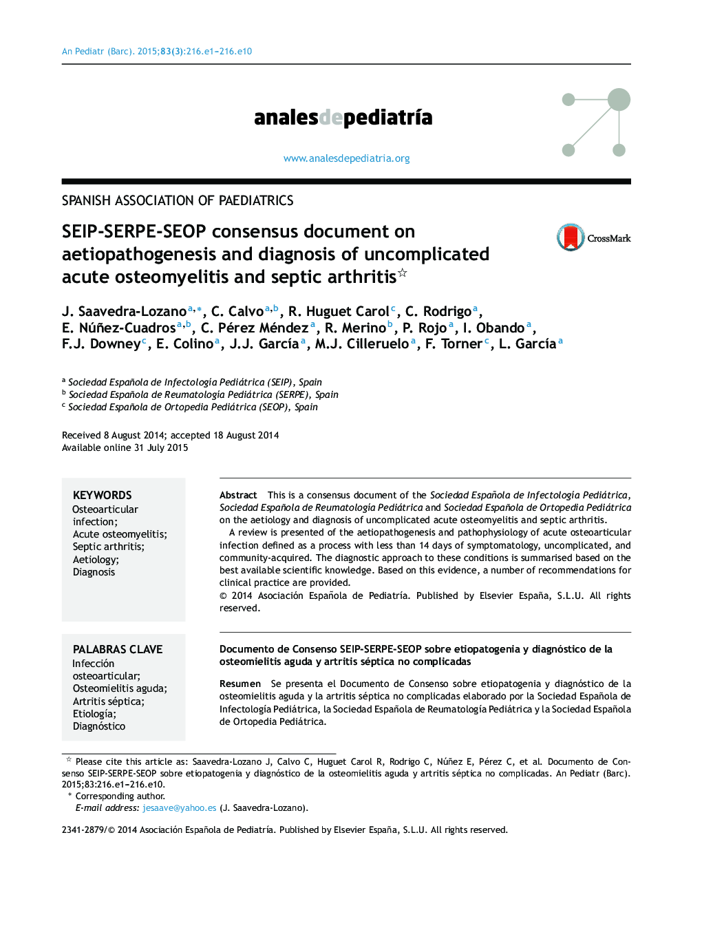 SEIP-SERPE-SEOP consensus document on aetiopathogenesis and diagnosis of uncomplicated acute osteomyelitis and septic arthritis