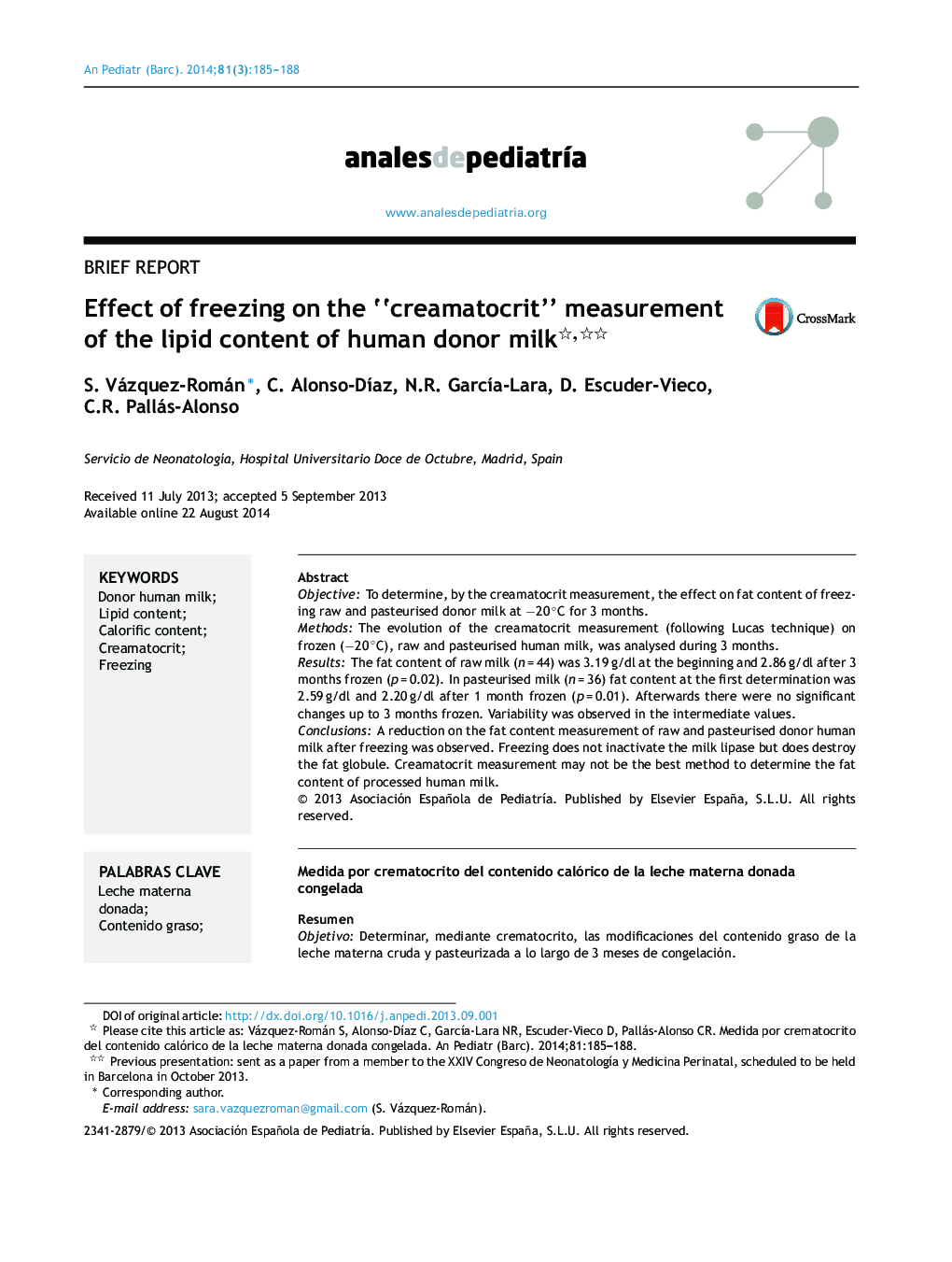 Effect of freezing on the “creamatocrit” measurement of the lipid content of human donor milk 