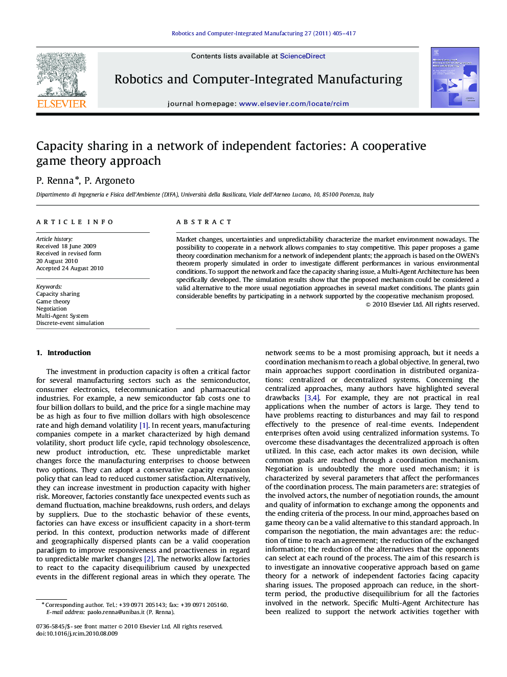 Capacity sharing in a network of independent factories: A cooperative game theory approach