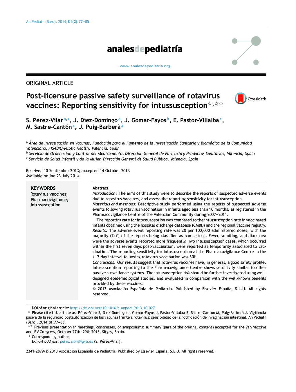 Post-licensure passive safety surveillance of rotavirus vaccines: Reporting sensitivity for intussusception 