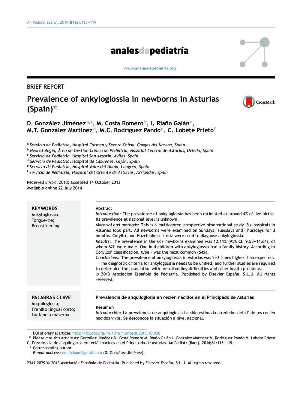 Prevalence of ankyloglossia in newborns in Asturias (Spain) 