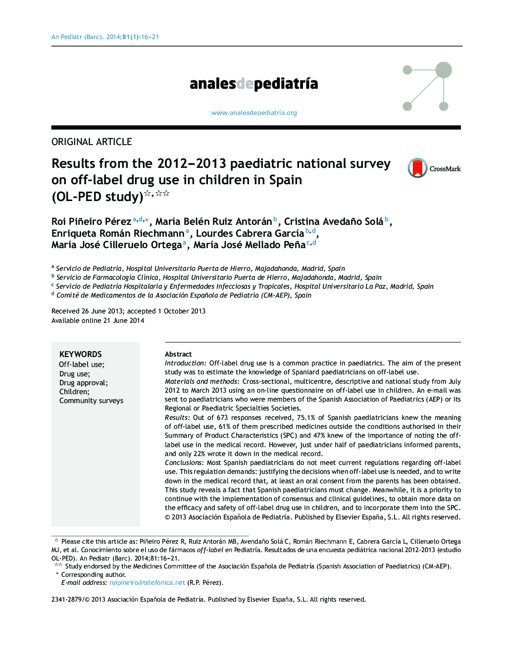 Results from the 2012–2013 paediatric national survey on off-label drug use in children in Spain (OL-PED study) 