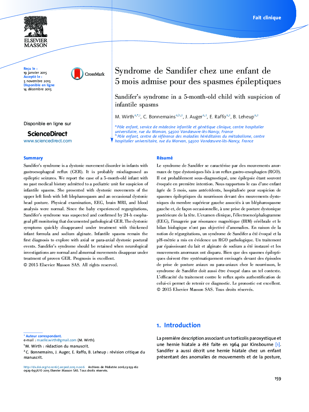 Syndrome de Sandifer chez une enfant de 5 mois admise pour des spasmes épileptiques