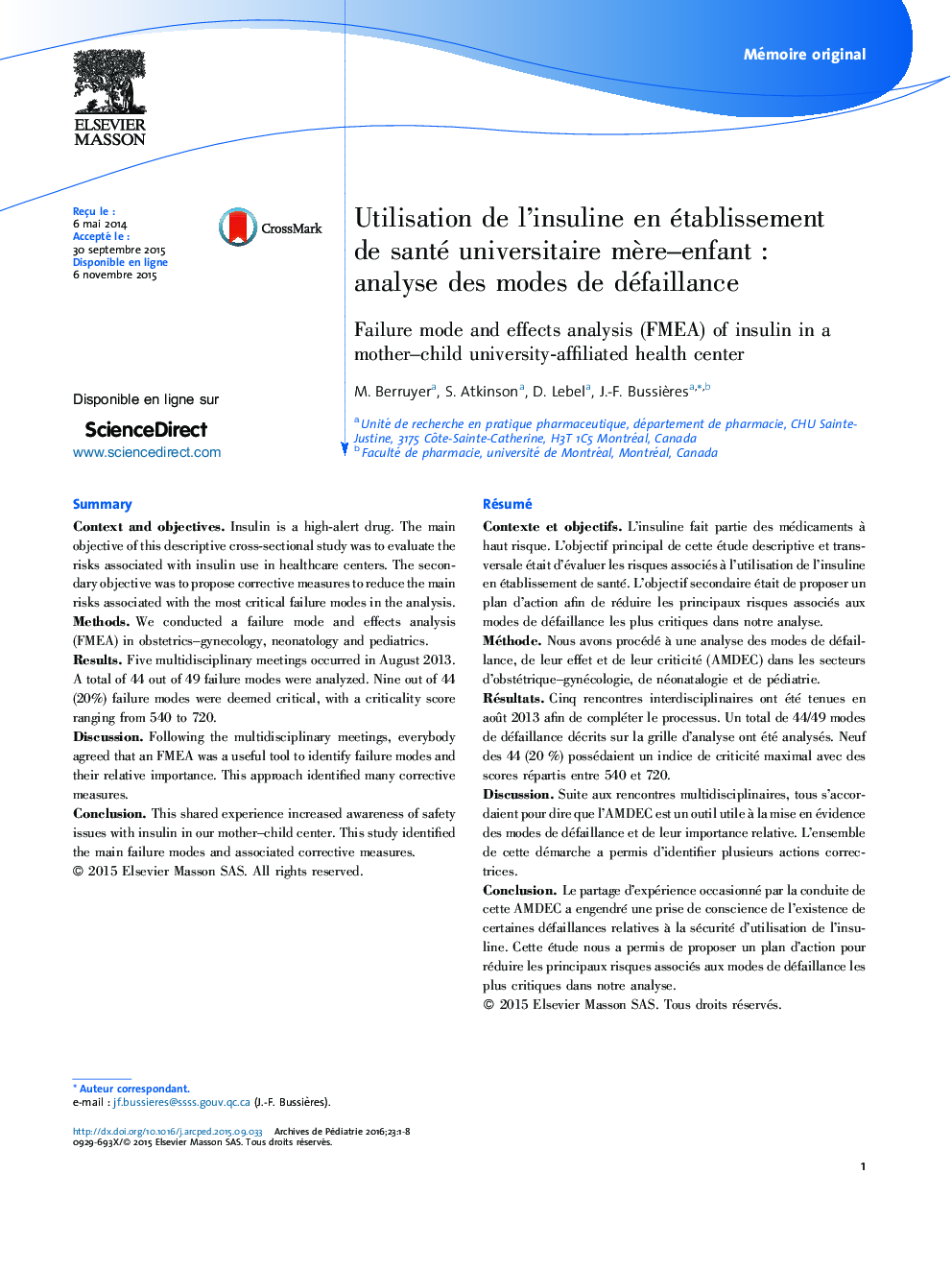 Utilisation de l’insuline en établissement de santé universitaire mère–enfant : analyse des modes de défaillance