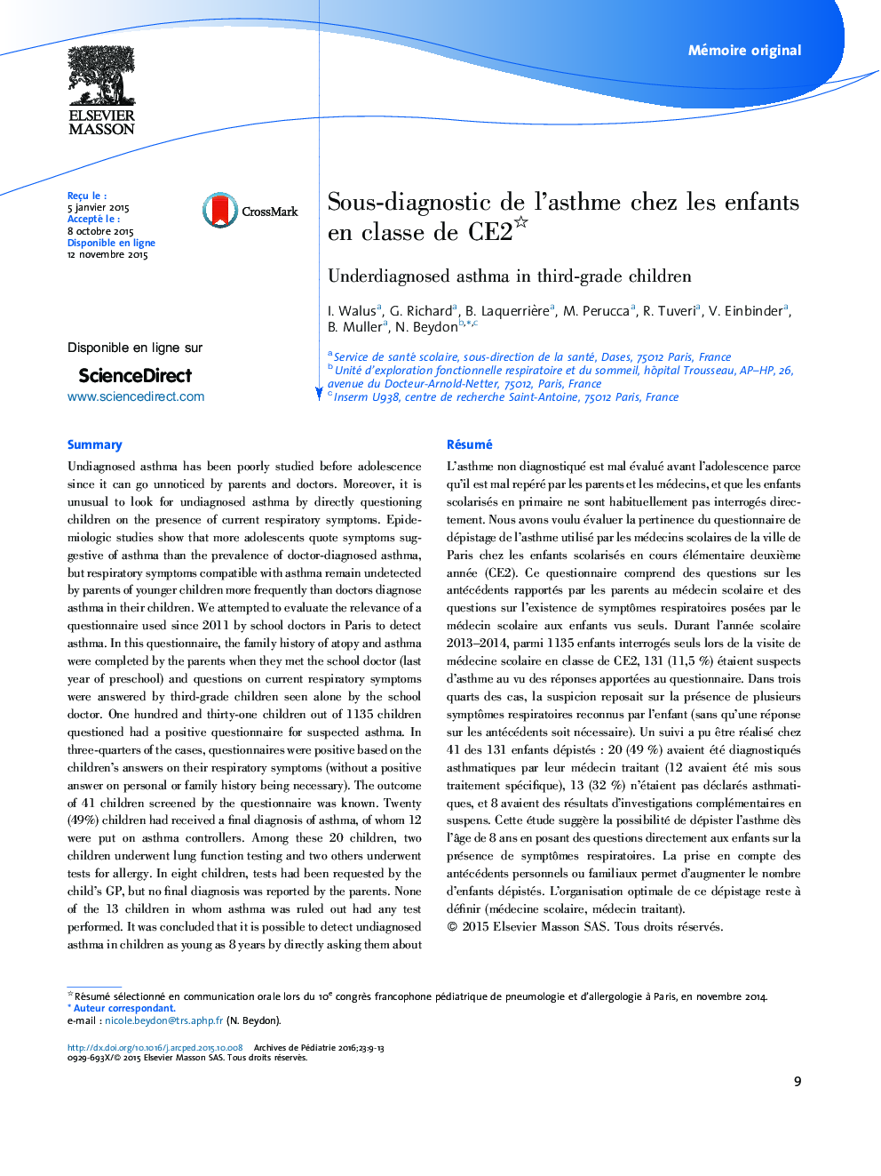 Sous-diagnostic de l’asthme chez les enfants en classe de CE2 