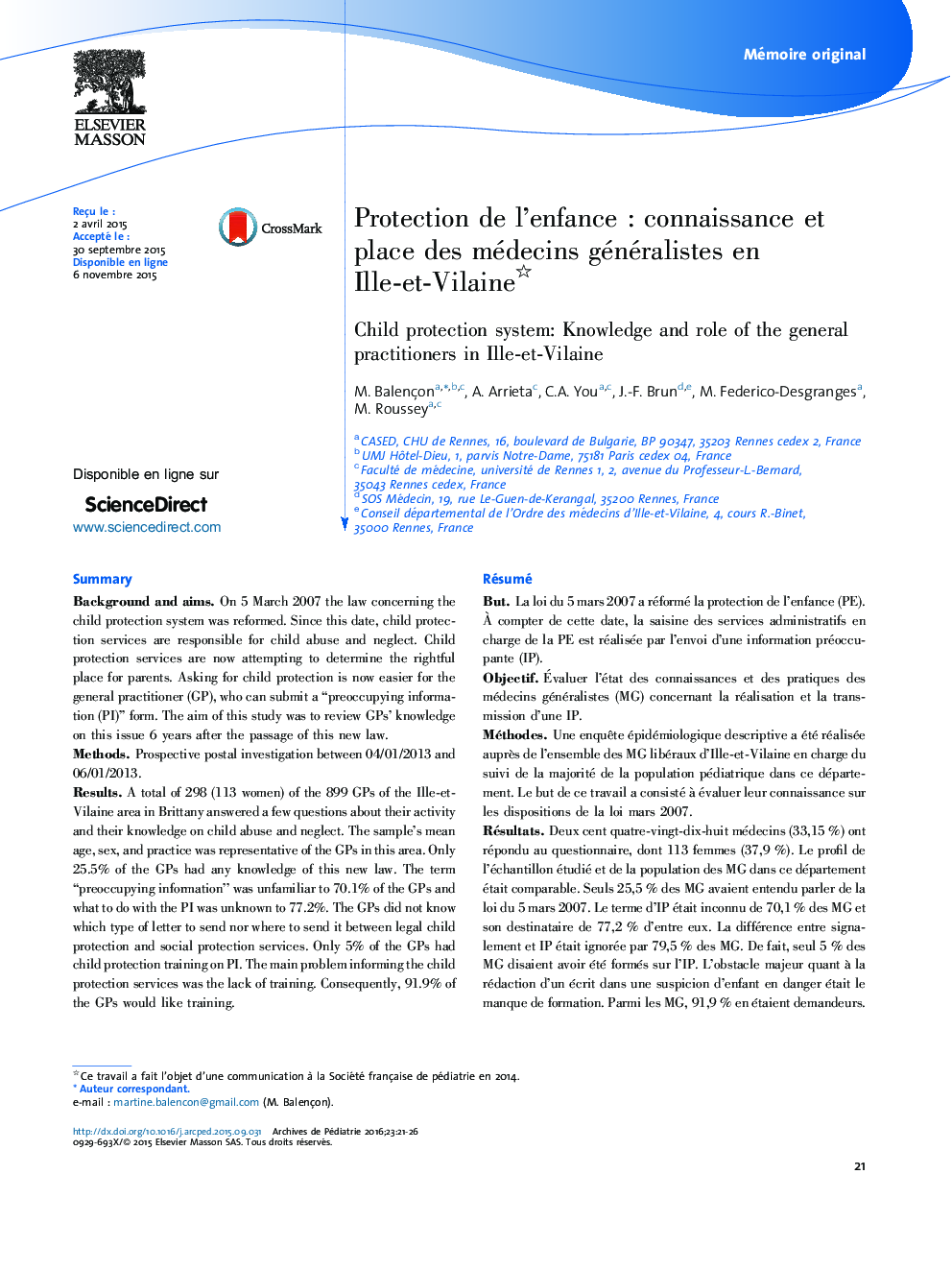 Protection de l’enfance : connaissance et place des médecins généralistes en Ille-et-Vilaine 