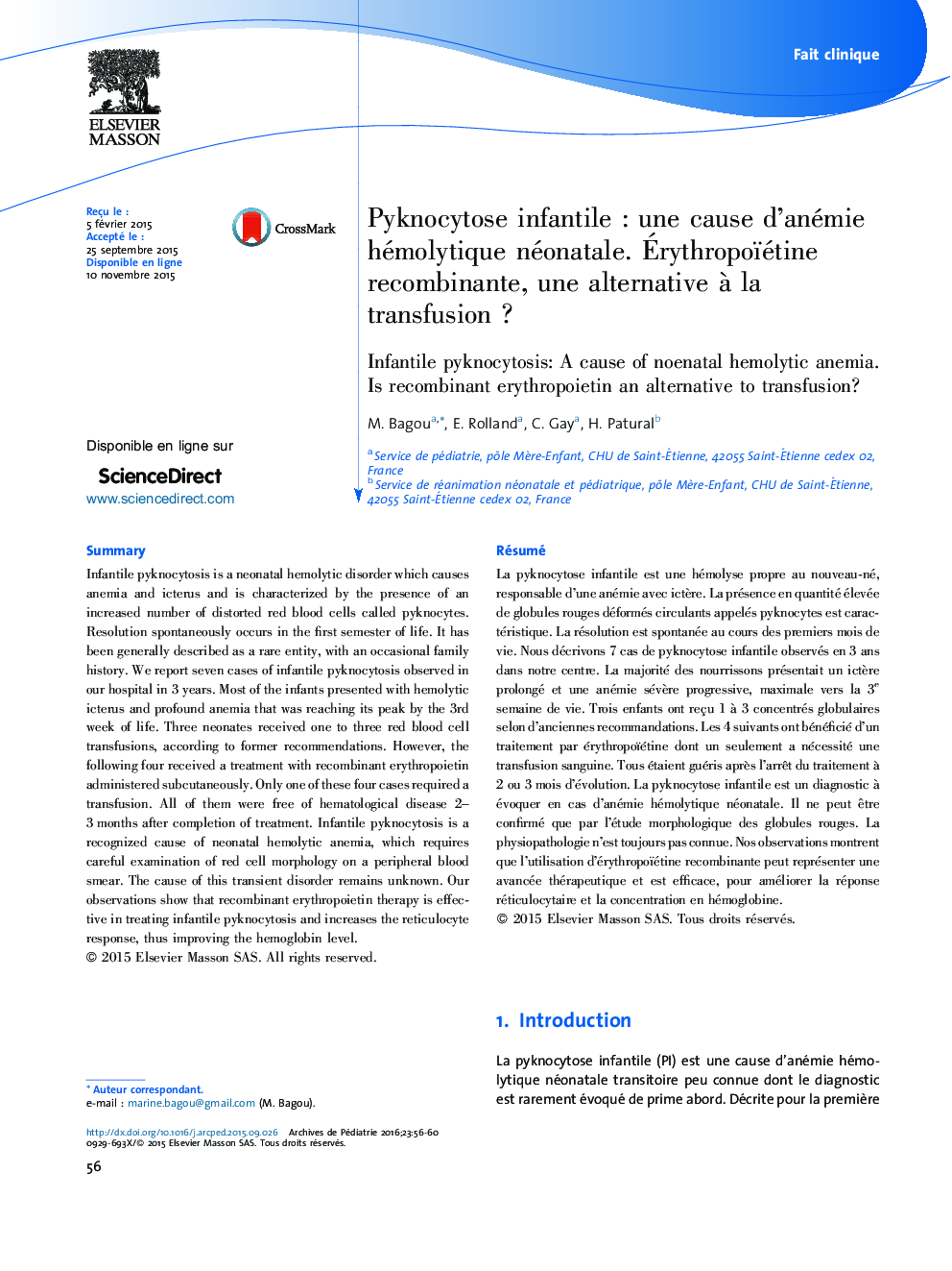 عکس صفحه اول مقاله: Pyknocytose infantile : une cause d’anémie hémolytique néonatale. Érythropoïétine recombinante, une alternative à la transfusion ? Pyknocytose infantile : une cause d’anémie hémolytique néonatale. Érythropoïétine recombinante, une alternative à la transfusion ?