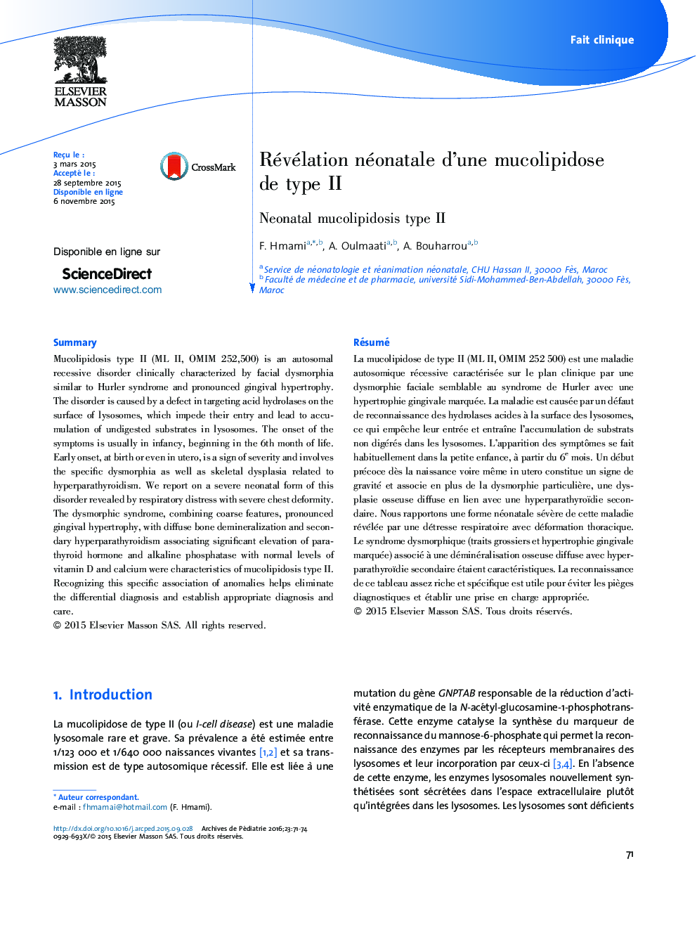 Révélation néonatale d’une mucolipidose de type II