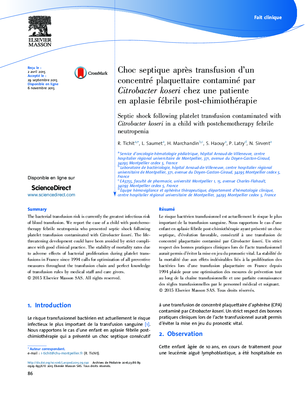 Choc septique aprÃ¨s transfusion d'un concentré plaquettaire contaminé par Citrobacter koseri chez une patiente en aplasie fébrile post-chimiothérapie