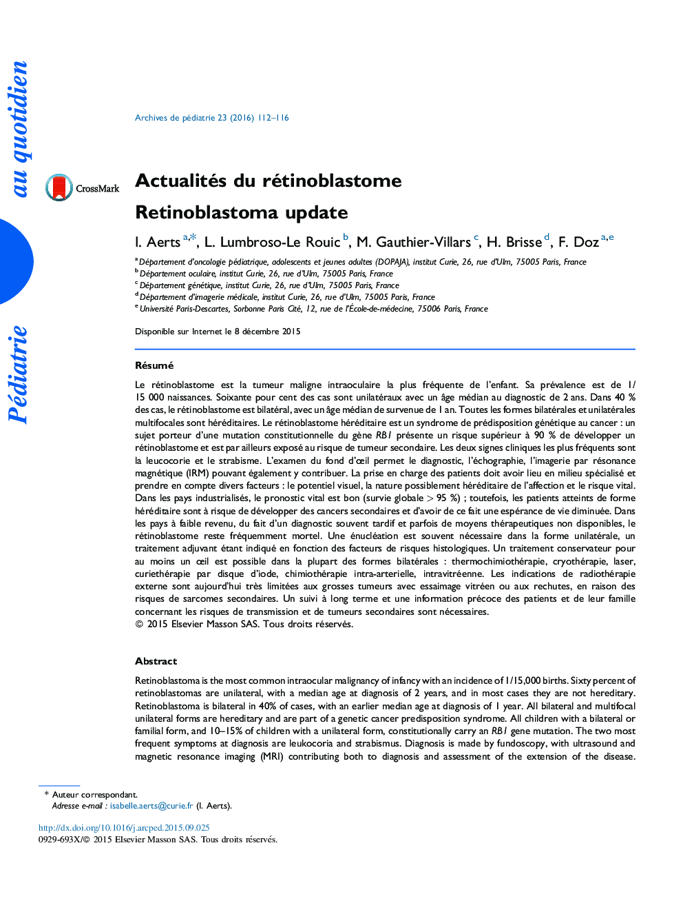 Actualités du rétinoblastome