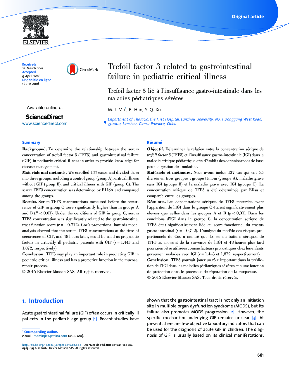 Trefoil factor 3 related to gastrointestinal failure in pediatric critical illness