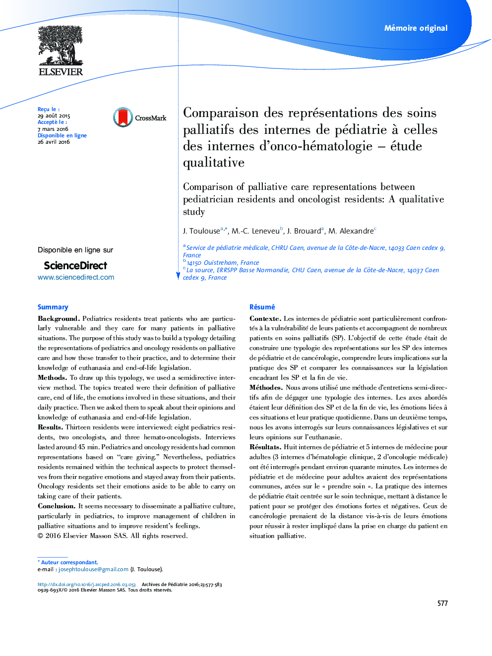 Comparaison des représentations des soins palliatifs des internes de pédiatrie à celles des internes d’onco-hématologie – étude qualitative