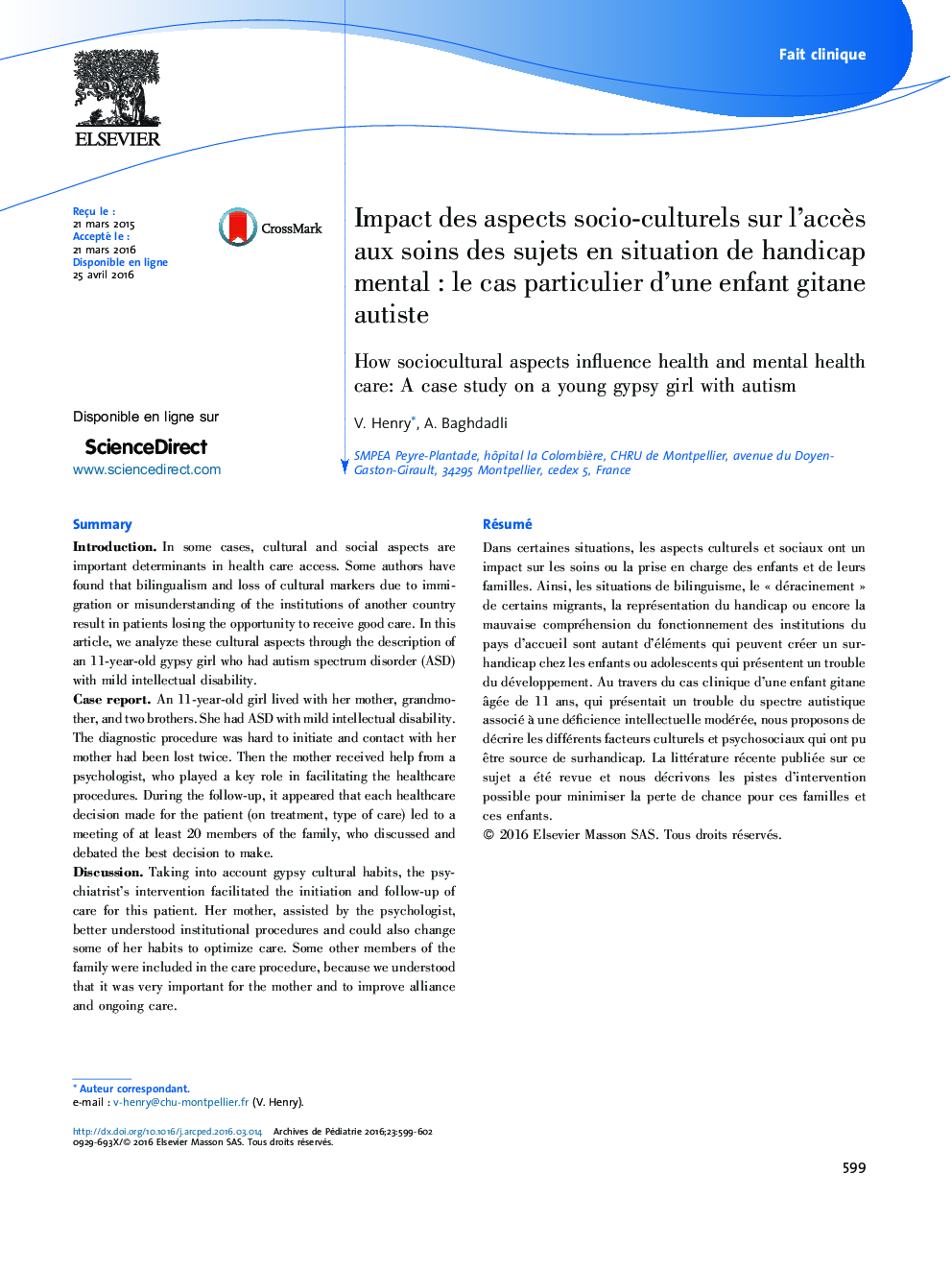 Impact des aspects socio-culturels sur l’accès aux soins des sujets en situation de handicap mental : le cas particulier d’une enfant gitane autiste