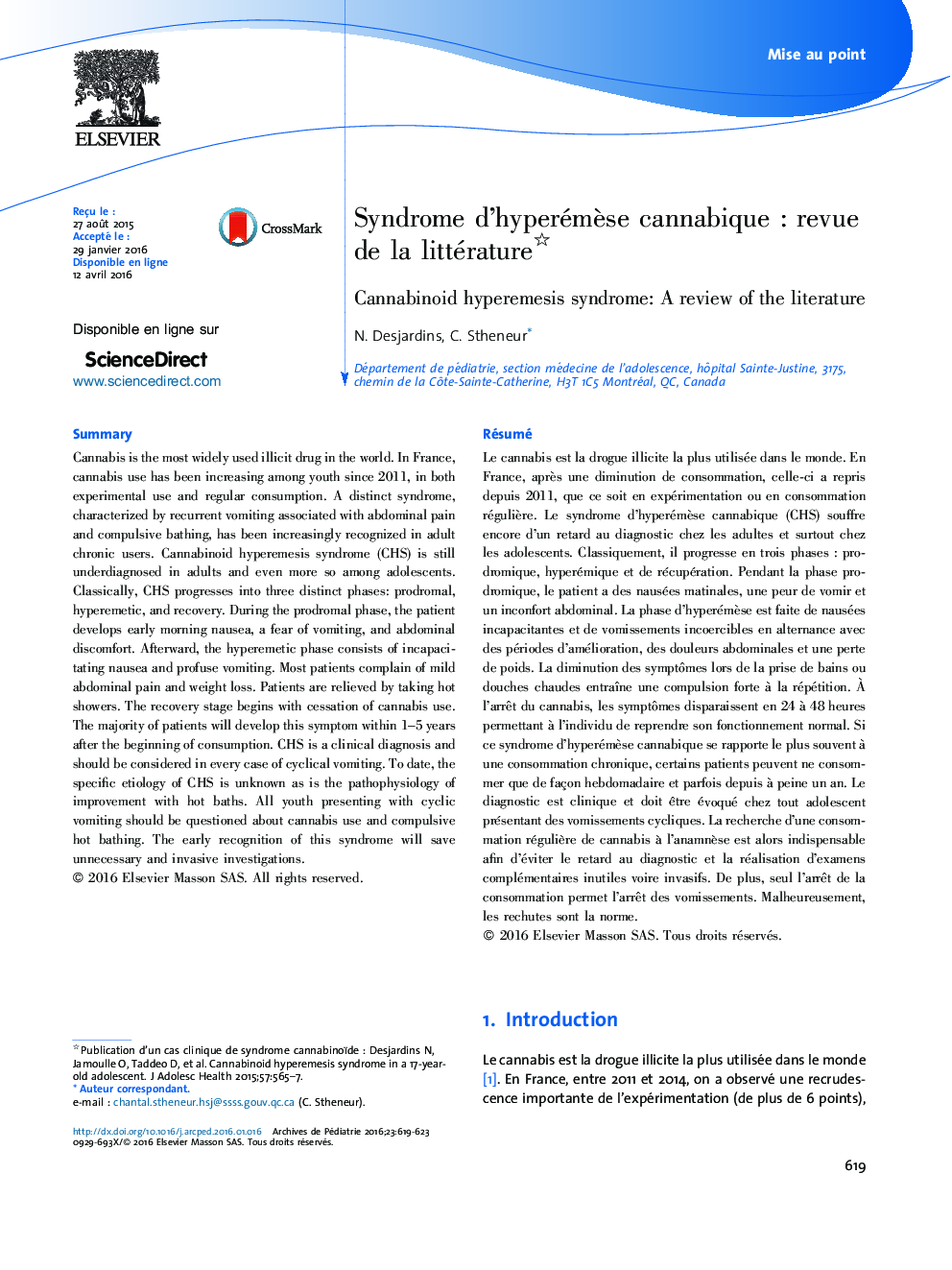 Syndrome d’hyperémèse cannabique : revue de la littérature 