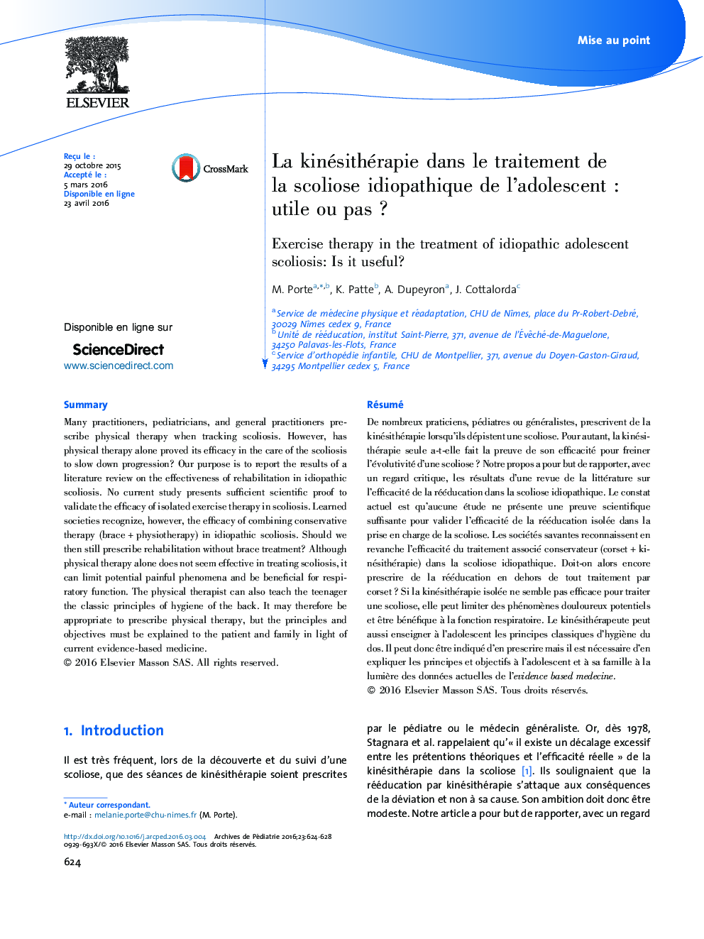 La kinésithérapie dans le traitement de la scoliose idiopathique de l’adolescent : utile ou pas ?