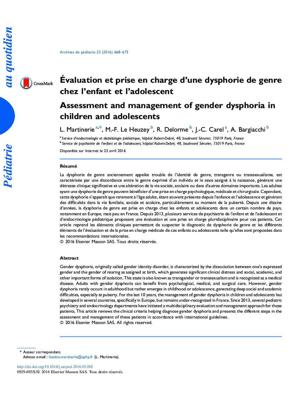 Évaluation et prise en charge d’une dysphorie de genre chez l’enfant et l’adolescent