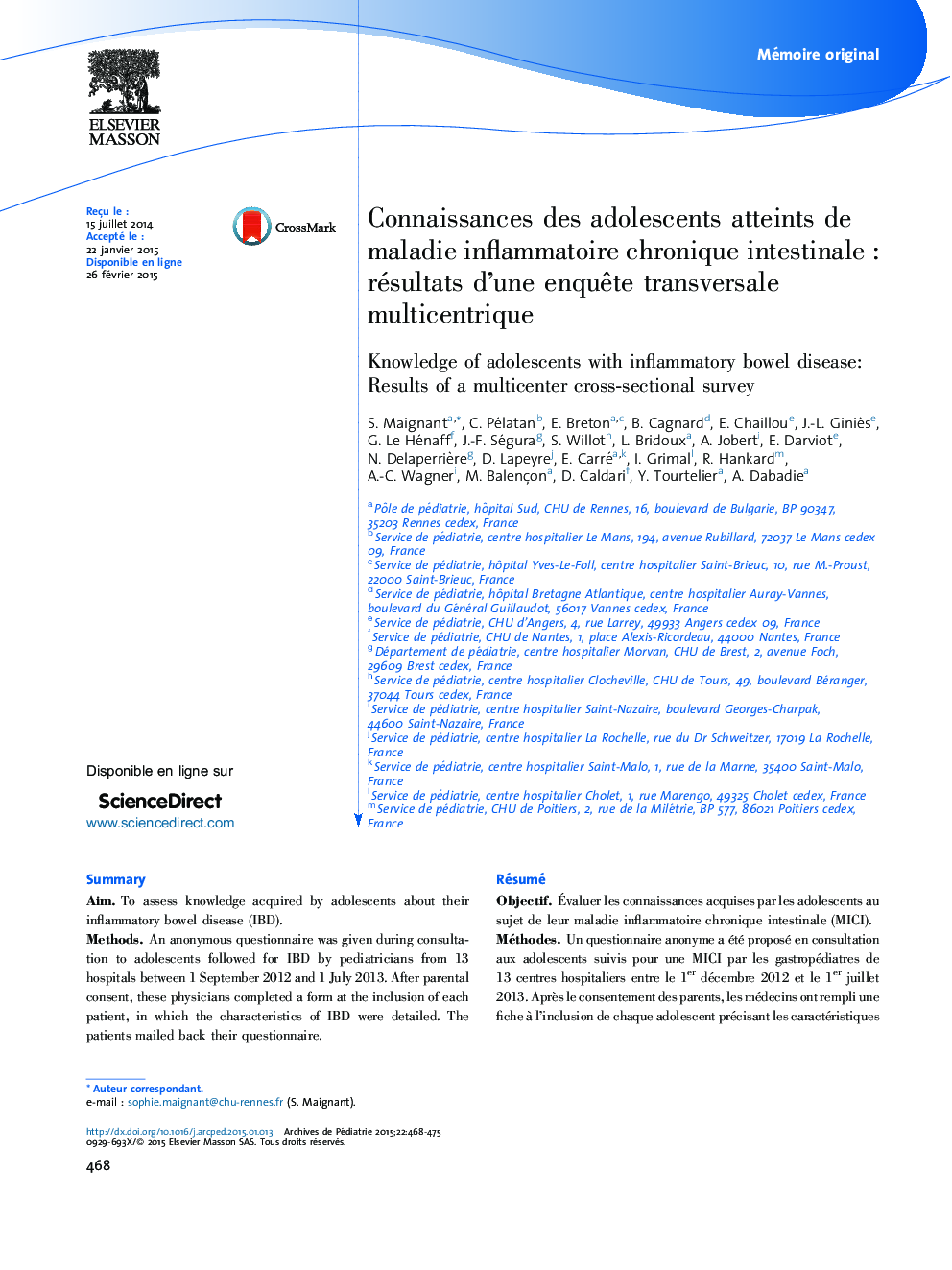 Connaissances des adolescents atteints de maladie inflammatoire chronique intestinale : résultats d’une enquête transversale multicentrique