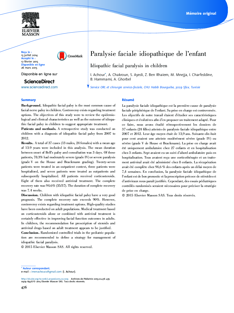 Paralysie faciale idiopathique de l’enfant