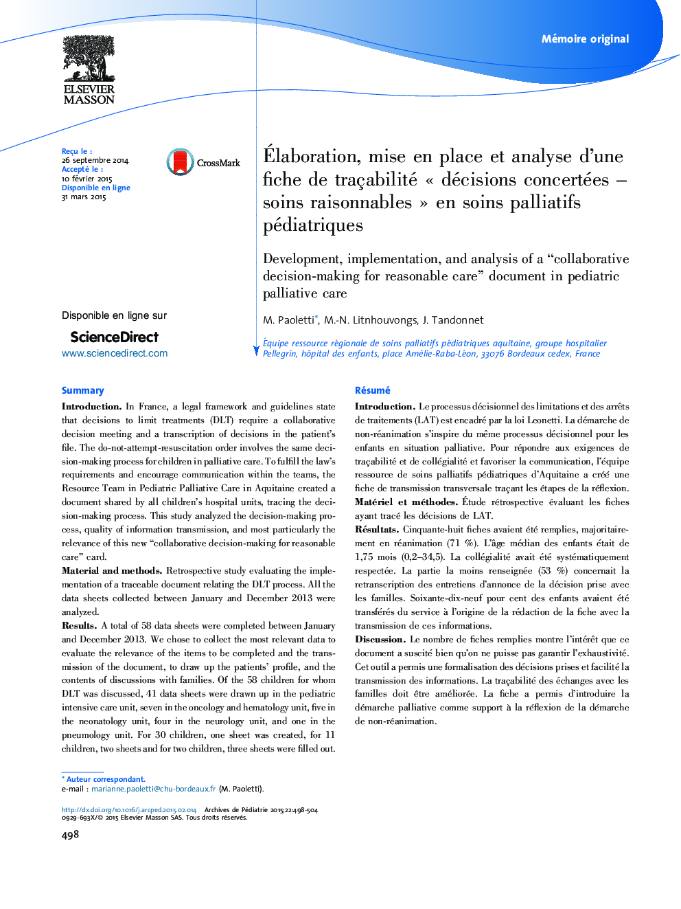 Élaboration, mise en place et analyse d’une fiche de traçabilité « décisions concertées – soins raisonnables » en soins palliatifs pédiatriques