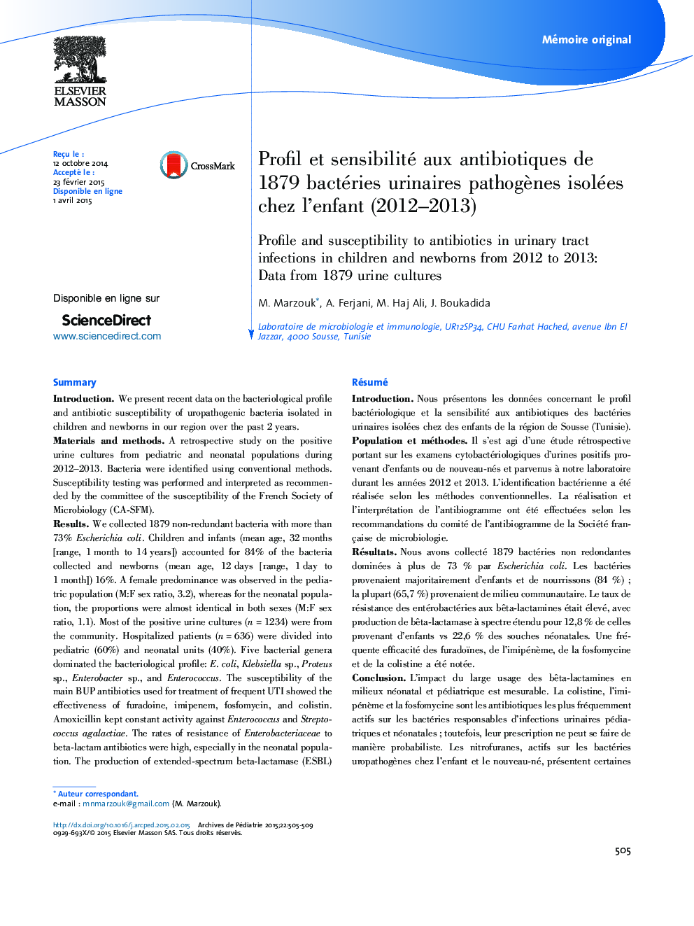 Profil et sensibilité aux antibiotiques de 1879 bactéries urinaires pathogènes isolées chez l’enfant (2012–2013)
