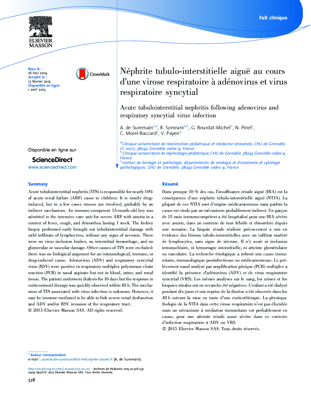 Néphrite tubulo-interstitielle aiguë au cours d’une virose respiratoire à adénovirus et virus respiratoire syncytial