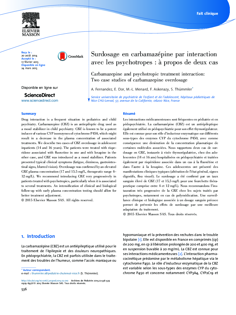 Surdosage en carbamazépine par interaction avec les psychotropes : à propos de deux cas