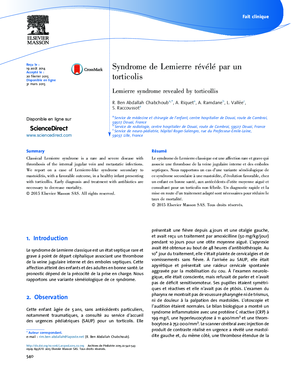 Syndrome de Lemierre révélé par un torticolis