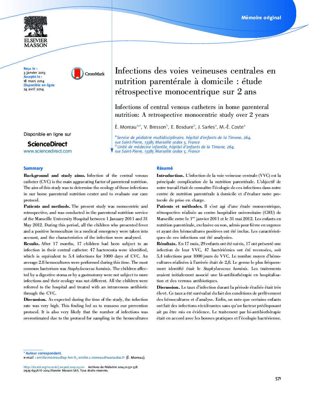 Infections des voies veineuses centrales en nutrition parentérale à domicile : étude rétrospective monocentrique sur 2 ans