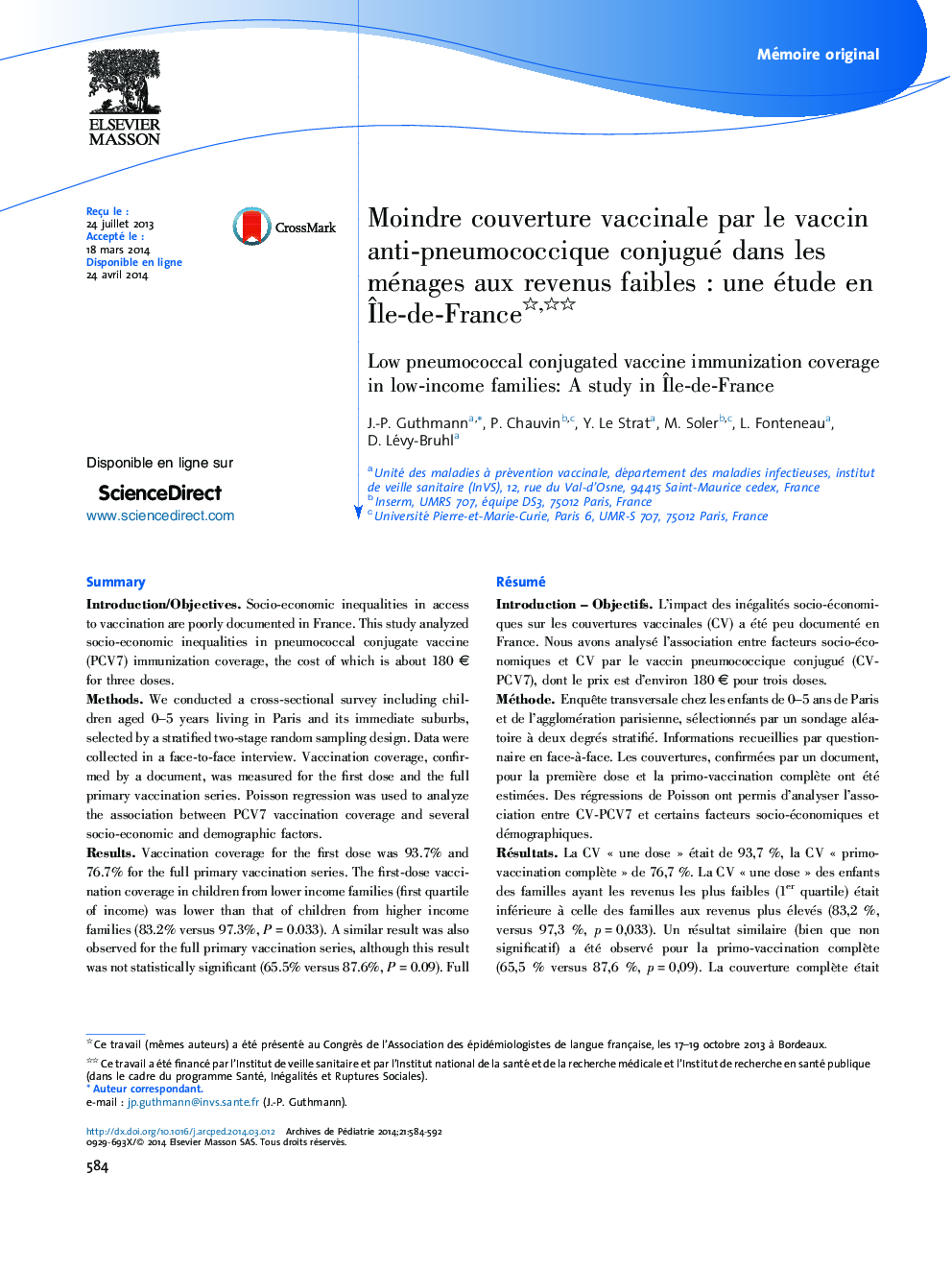 Moindre couverture vaccinale par le vaccin anti-pneumococcique conjugué dans les ménages aux revenus faibles : une étude en Île-de-France 