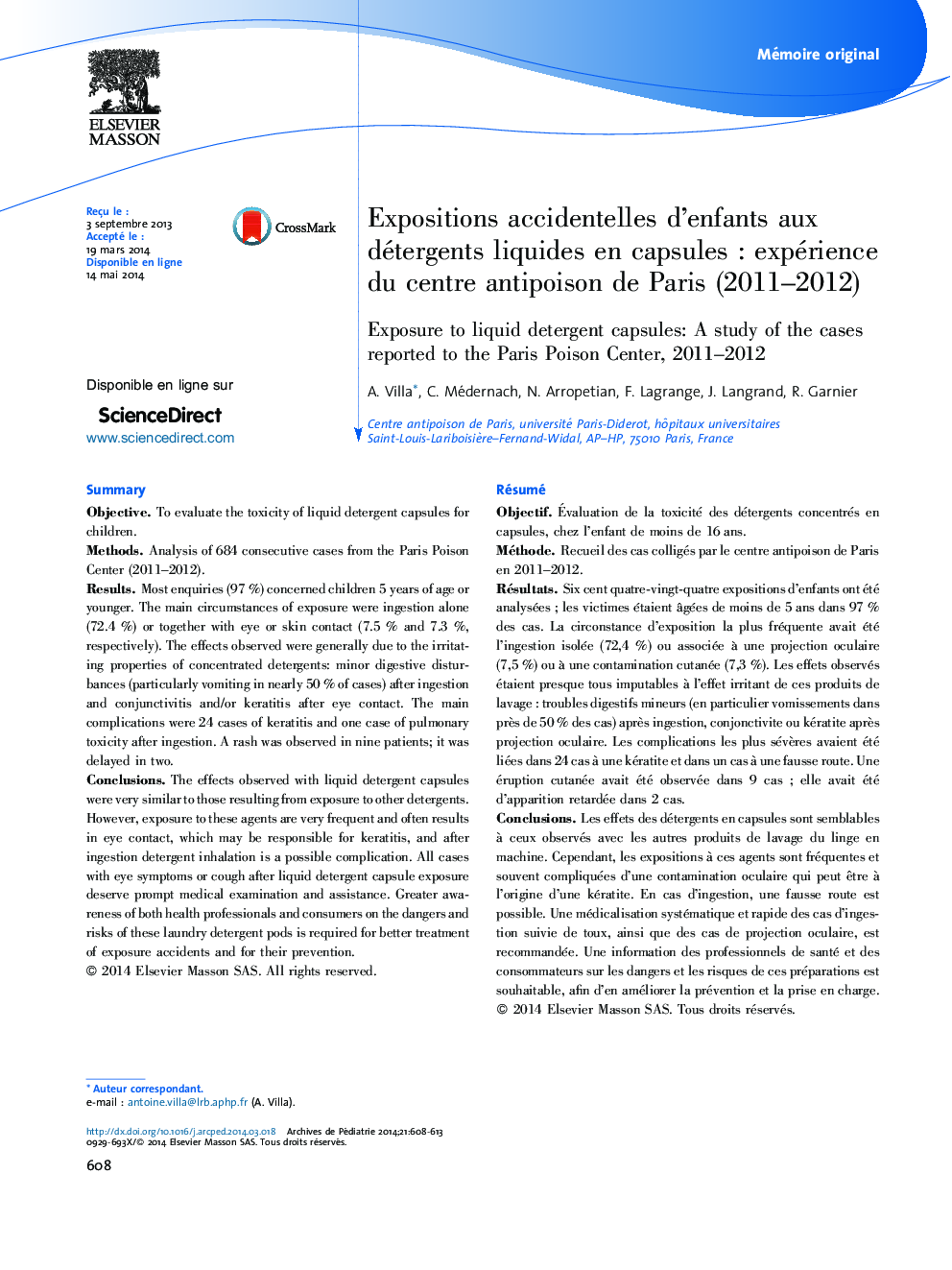 Expositions accidentelles d’enfants aux détergents liquides en capsules : expérience du centre antipoison de Paris (2011–2012)