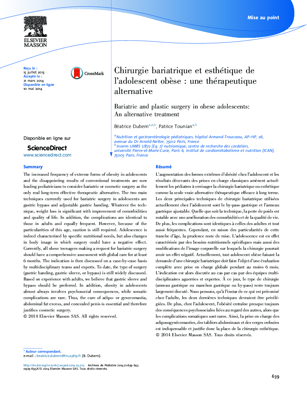 Chirurgie bariatrique et esthétique de l’adolescent obèse : une thérapeutique alternative