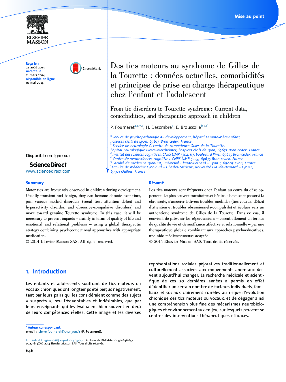 Des tics moteurs au syndrome de Gilles de la Tourette : données actuelles, comorbidités et principes de prise en charge thérapeutique chez l’enfant et l’adolescent