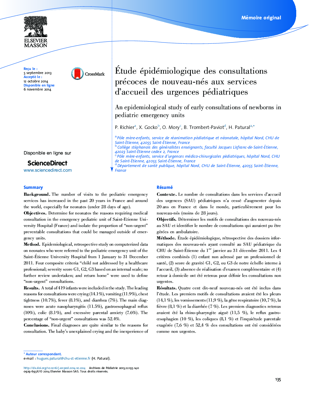 Étude épidémiologique des consultations précoces de nouveau-nés aux services d’accueil des urgences pédiatriques