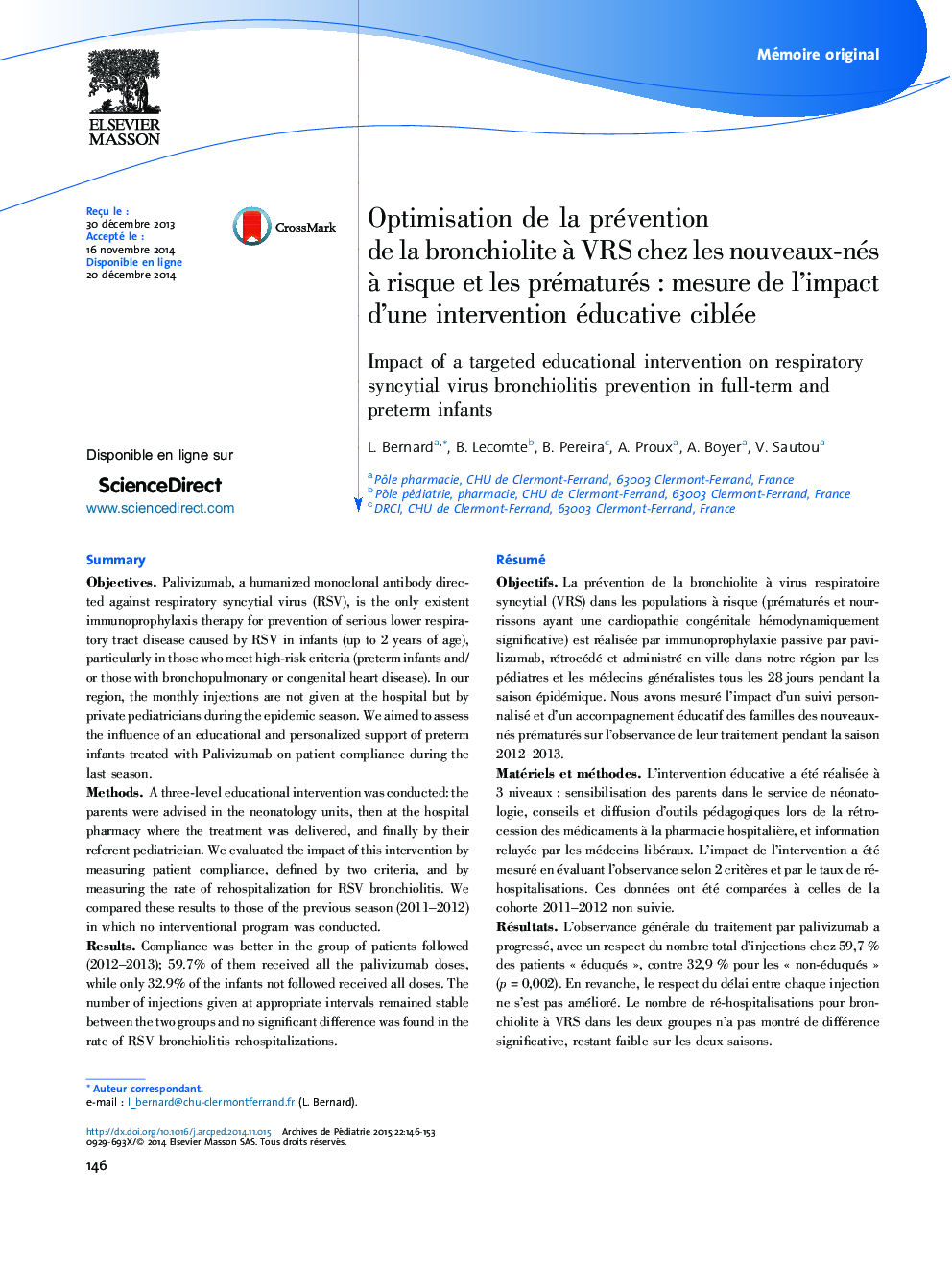 Optimisation de la prévention de la bronchiolite à VRS chez les nouveaux-nés à risque et les prématurés : mesure de l’impact d’une intervention éducative ciblée