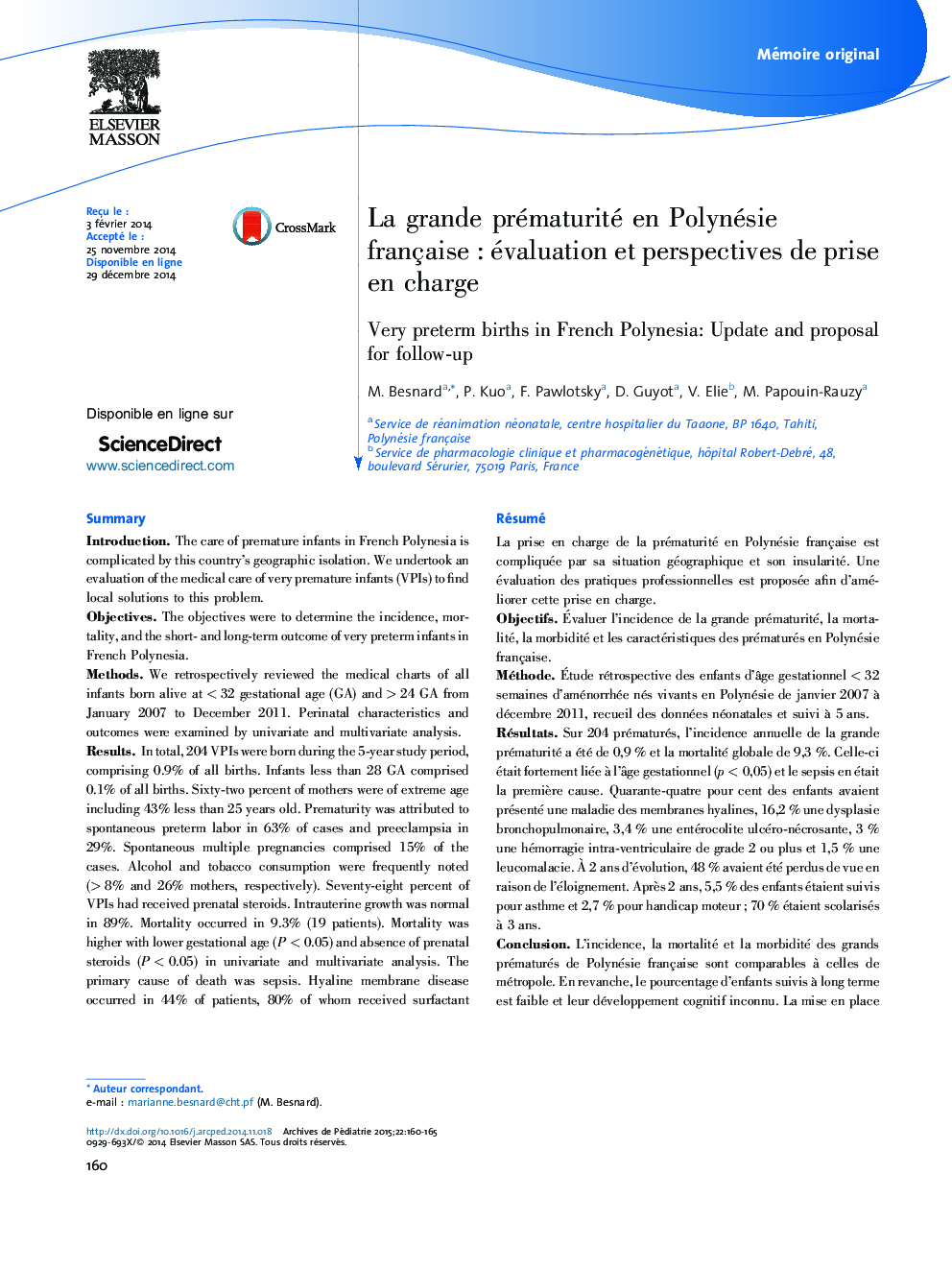 La grande prématurité en Polynésie française : évaluation et perspectives de prise en charge