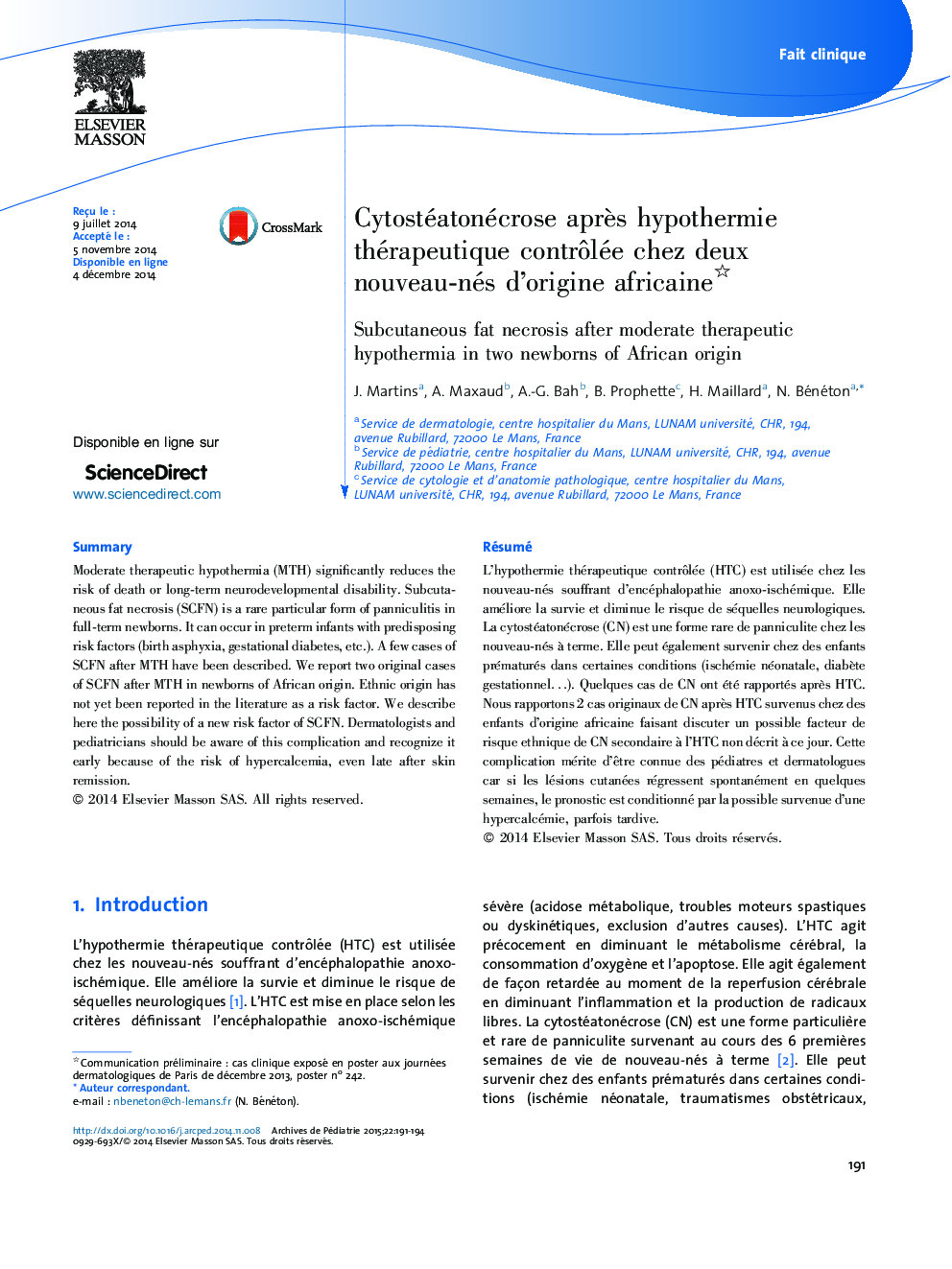 Cytostéatonécrose après hypothermie thérapeutique contrôlée chez deux nouveau-nés d’origine africaine 