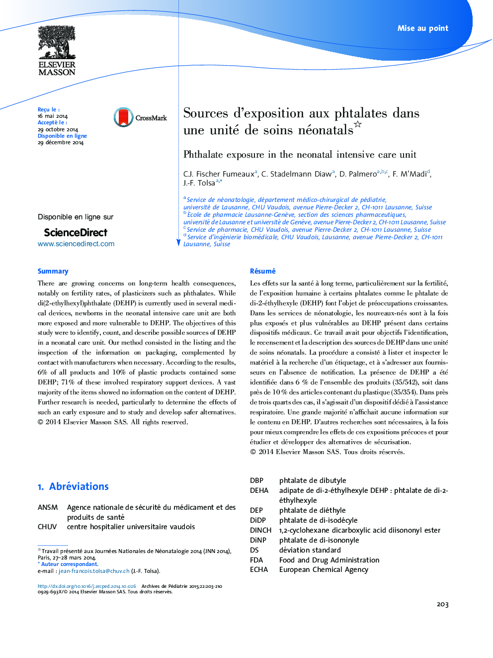 Sources d’exposition aux phtalates dans une unité de soins néonatals 