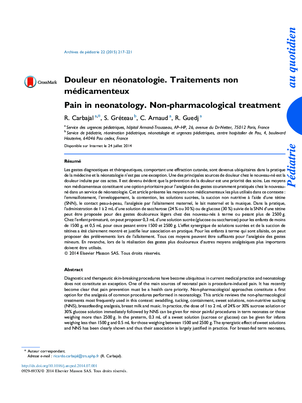 Douleur en néonatologie. Traitements non médicamenteux