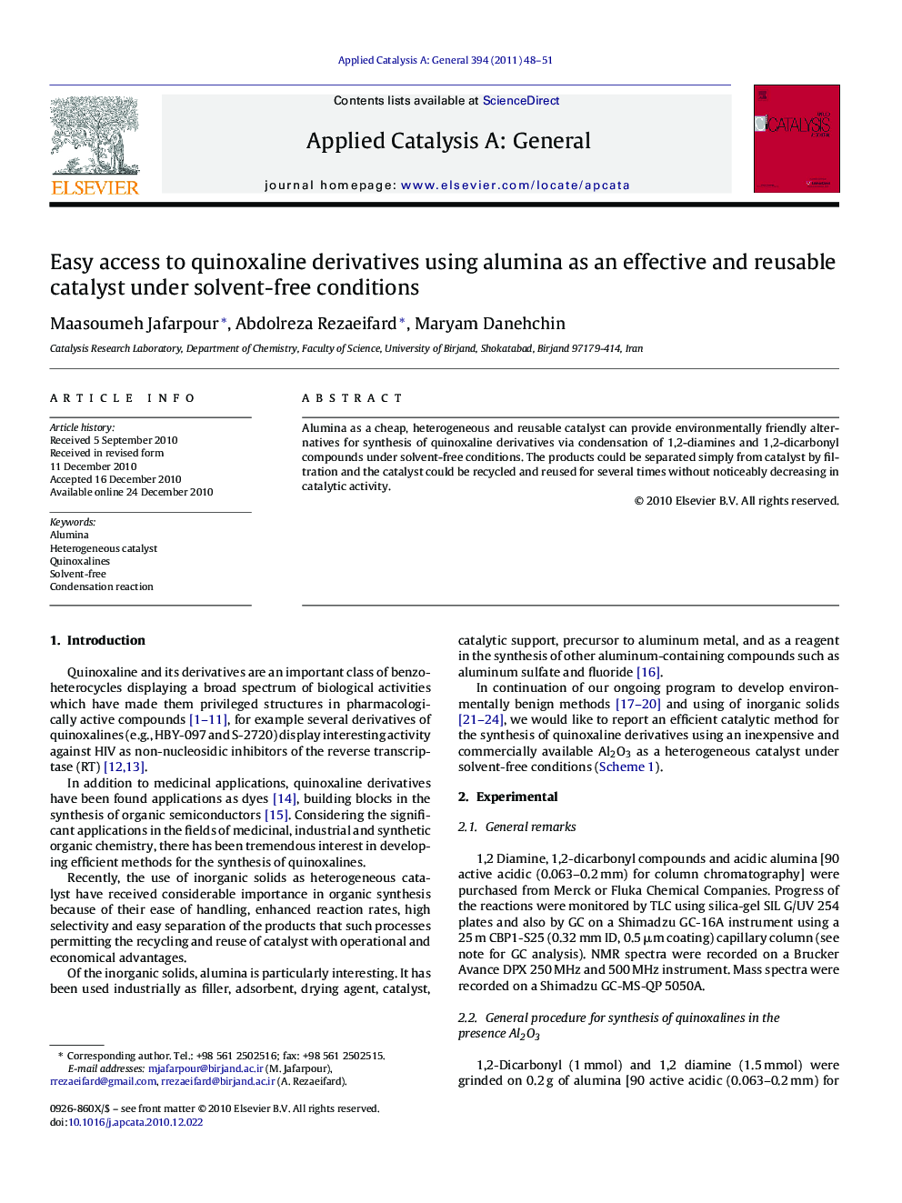 Easy access to quinoxaline derivatives using alumina as an effective and reusable catalyst under solvent-free conditions