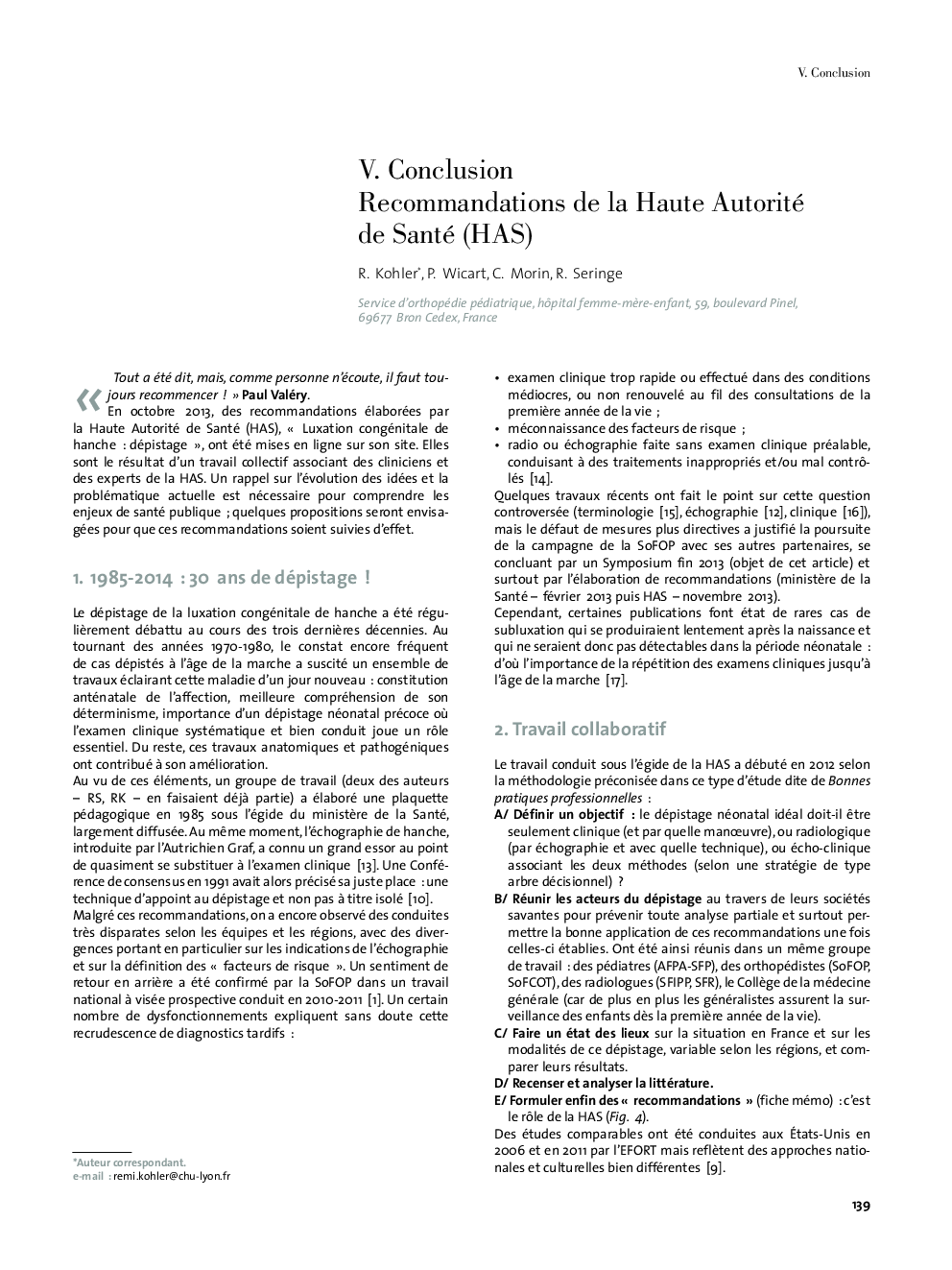 V. Conclusion Recommandations de la Haute Autorité de Santé (HAS)