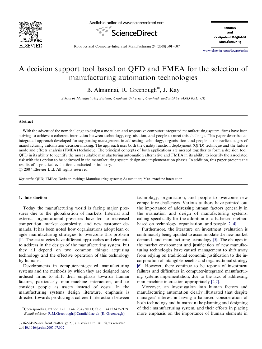 A decision support tool based on QFD and FMEA for the selection of manufacturing automation technologies