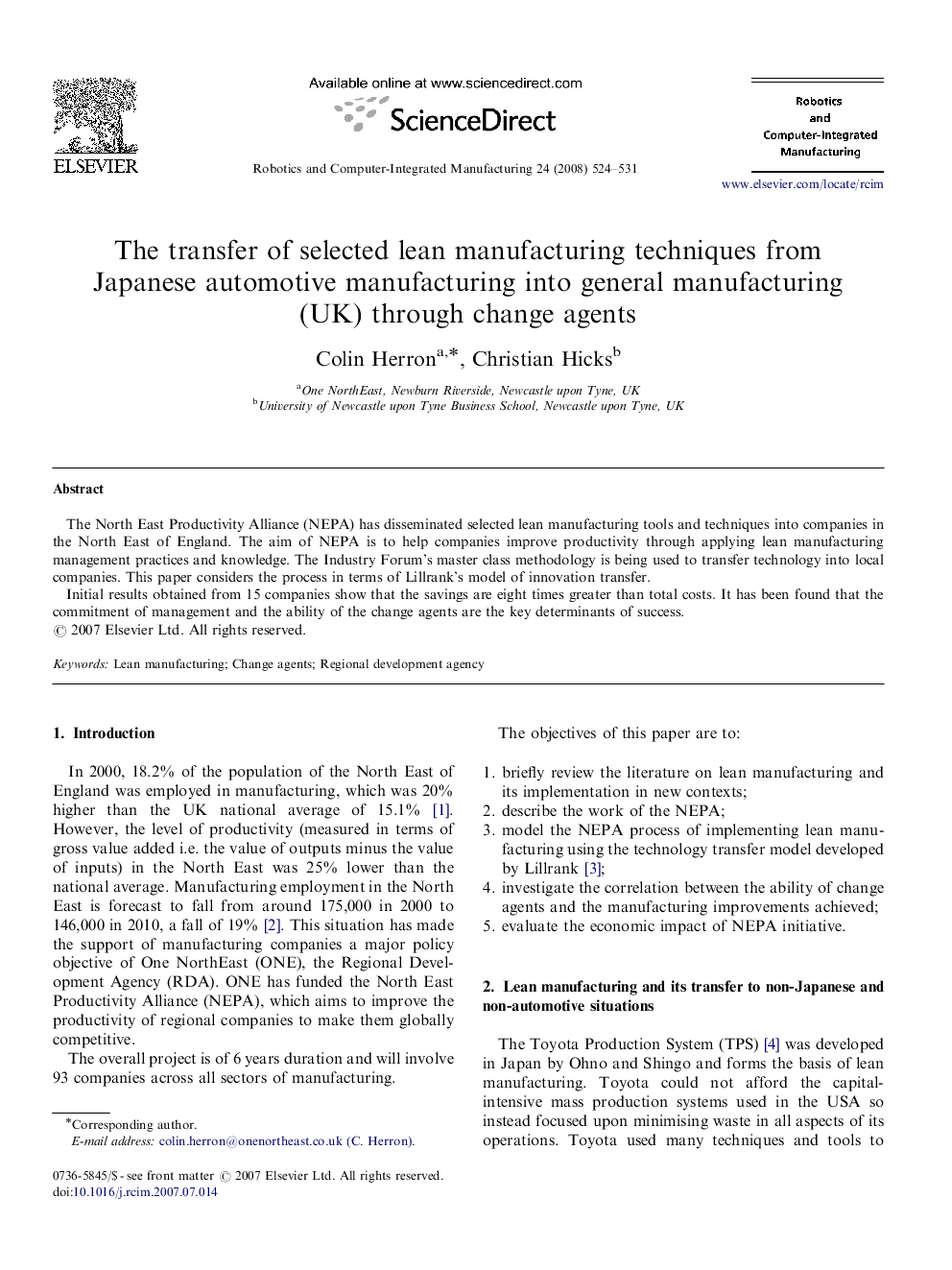 The transfer of selected lean manufacturing techniques from Japanese automotive manufacturing into general manufacturing (UK) through change agents