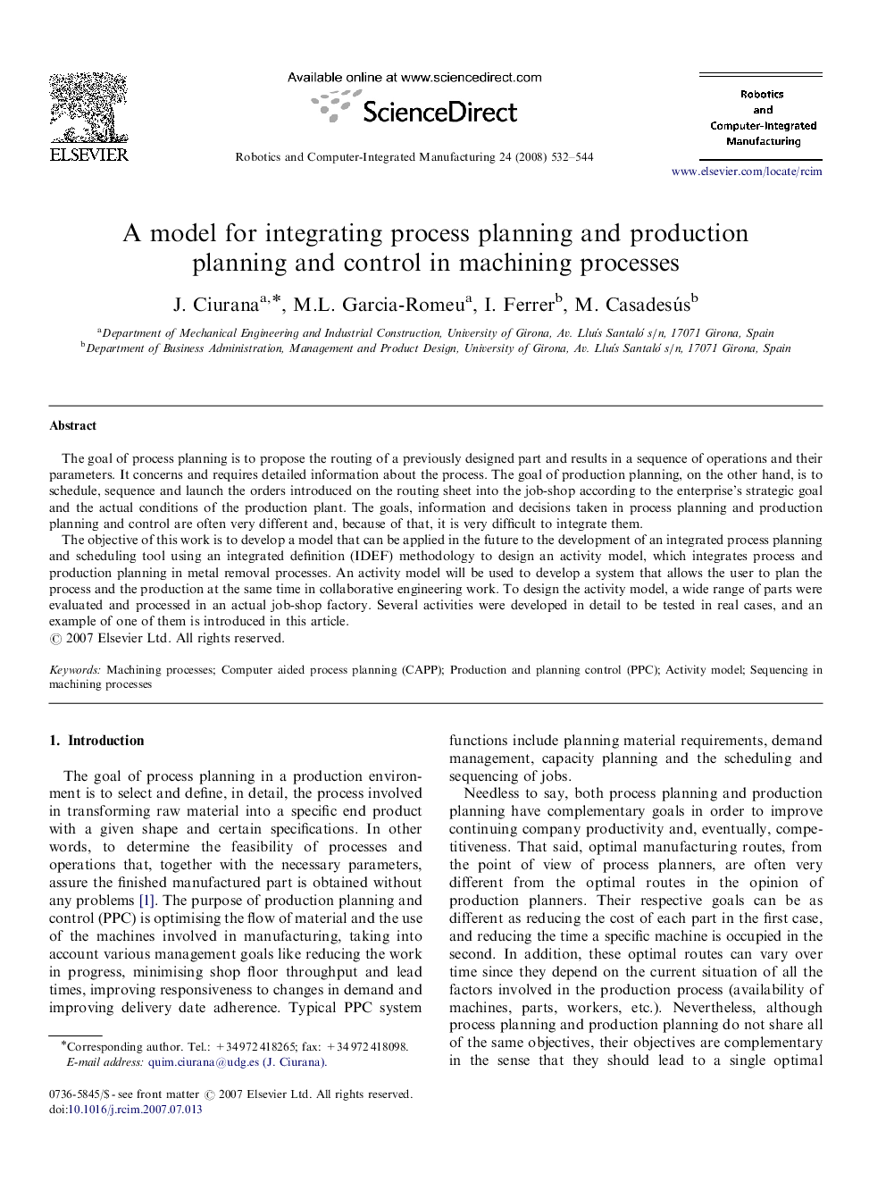 A model for integrating process planning and production planning and control in machining processes