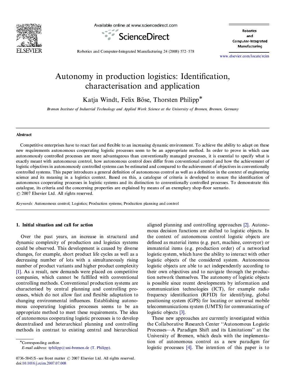 Autonomy in production logistics: Identification, characterisation and application