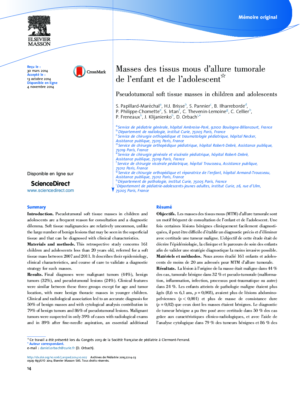 Masses des tissus mous d’allure tumorale de l’enfant et de l’adolescent 