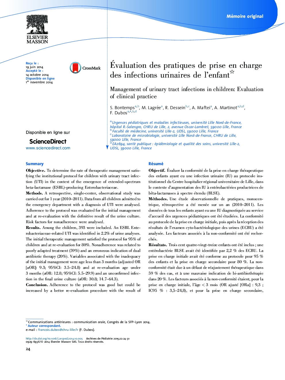 Évaluation des pratiques de prise en charge des infections urinaires de l’enfant 