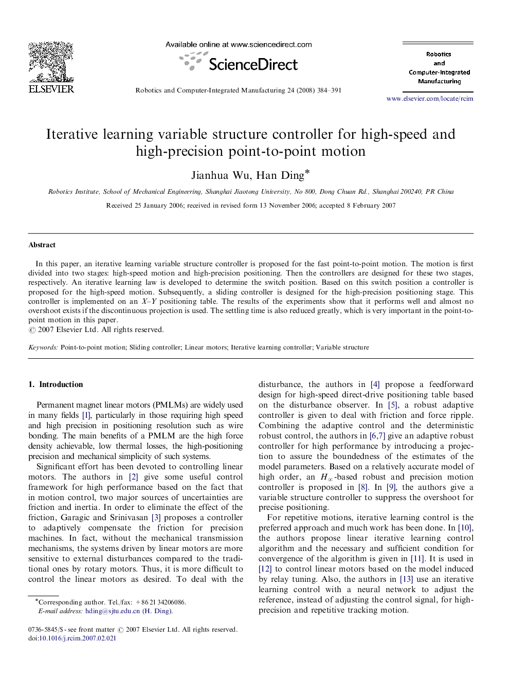 Iterative learning variable structure controller for high-speed and high-precision point-to-point motion