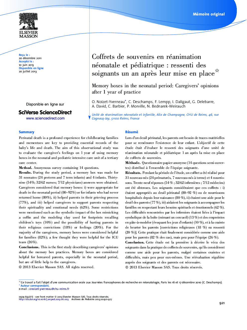Coffrets de souvenirs en réanimation néonatale et pédiatrique : ressenti des soignants un an après leur mise en place 