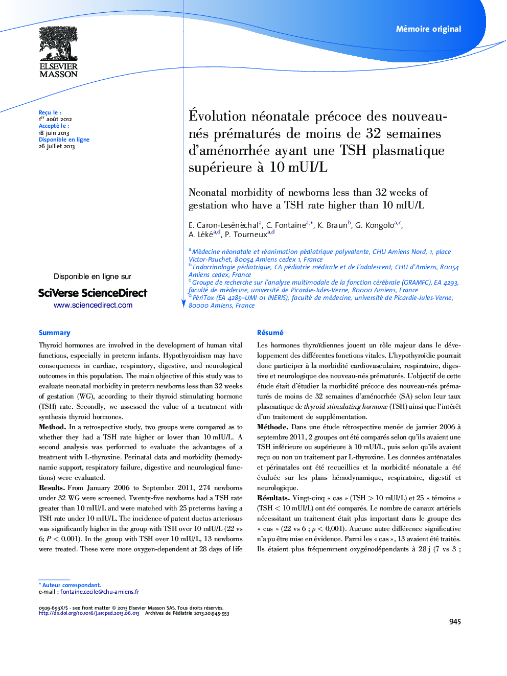 Évolution néonatale précoce des nouveau-nés prématurés de moins de 32 semaines d’aménorrhée ayant une TSH plasmatique supérieure à 10 mUI/L